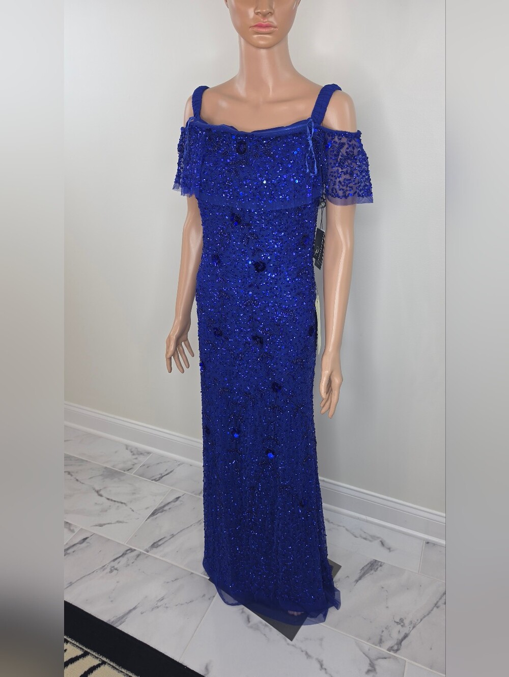Adrianna Papell Off-Shoulder Beaded Evening Gown in Royal Blue - Picture 6 of 7